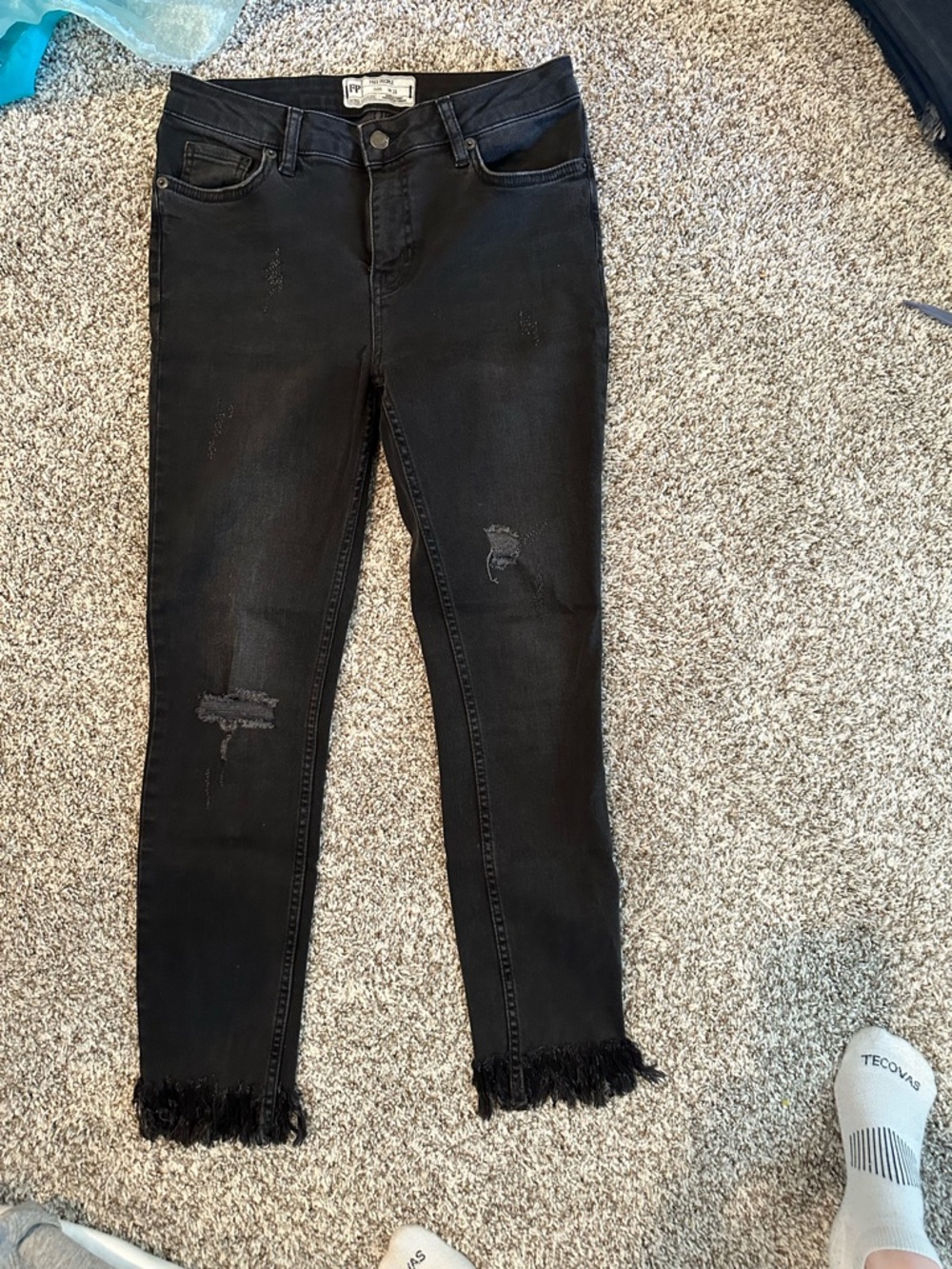 Free People Black Skinny Jeans with Distressed Details & Fringe Hem